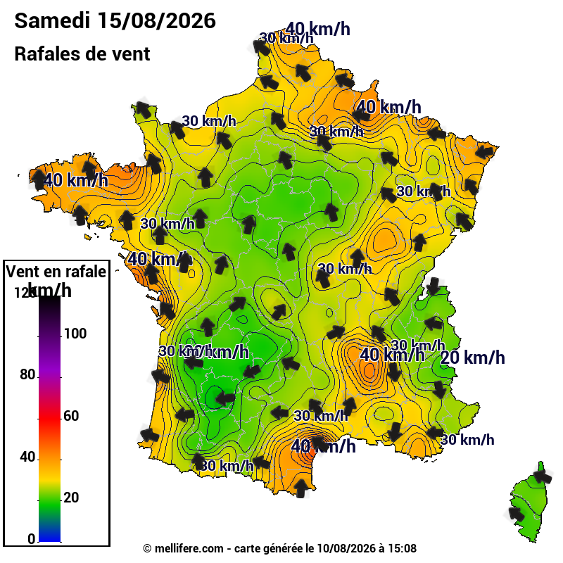 Prévision Vents et rafales 15/08