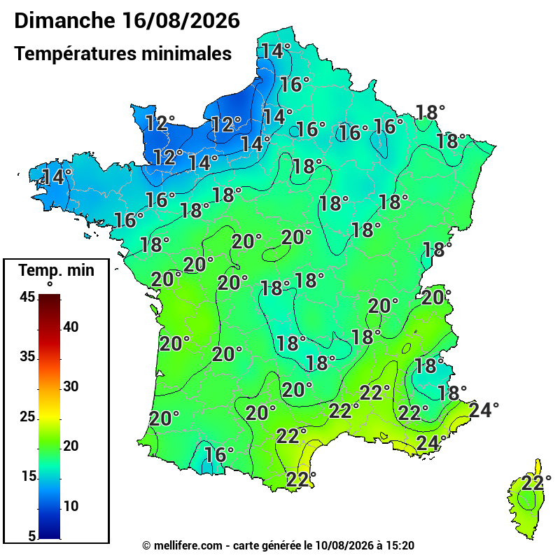 Prévision Températures mini 16/08
