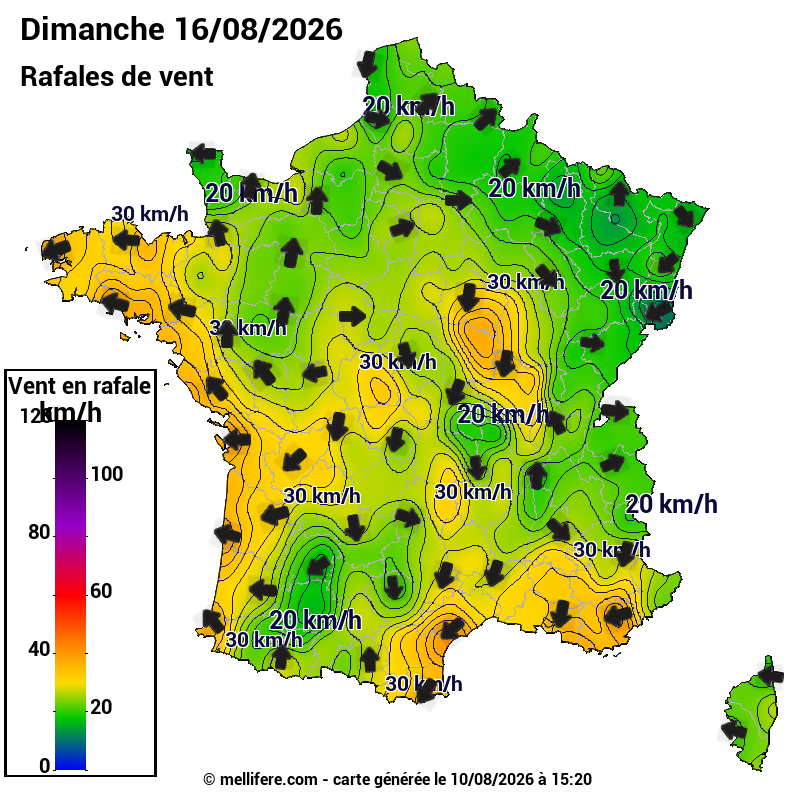 Prévision Vents et rafales 16/08