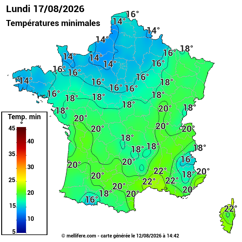 Prévision Températures mini 17/08