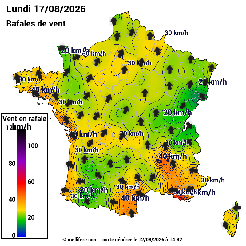 Prévision Vents et rafales 17/08
