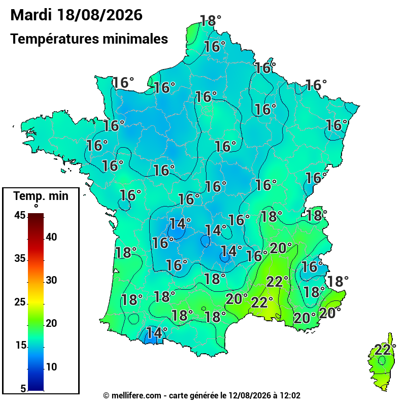 Prévision Températures mini 18/08