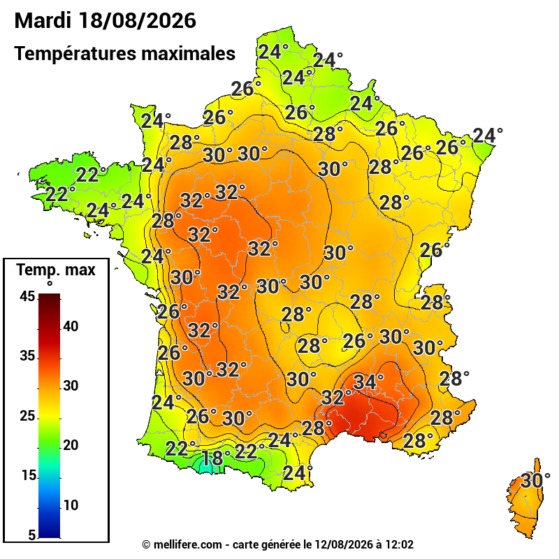 Prévision Températures maxi18/08