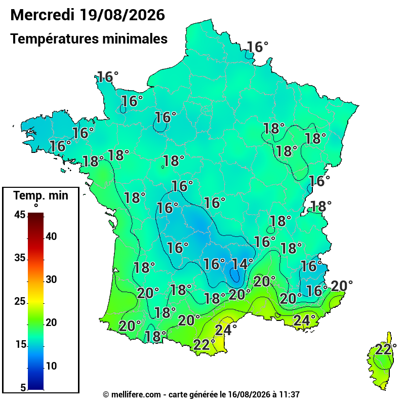 Prévision Températures mini 19/08