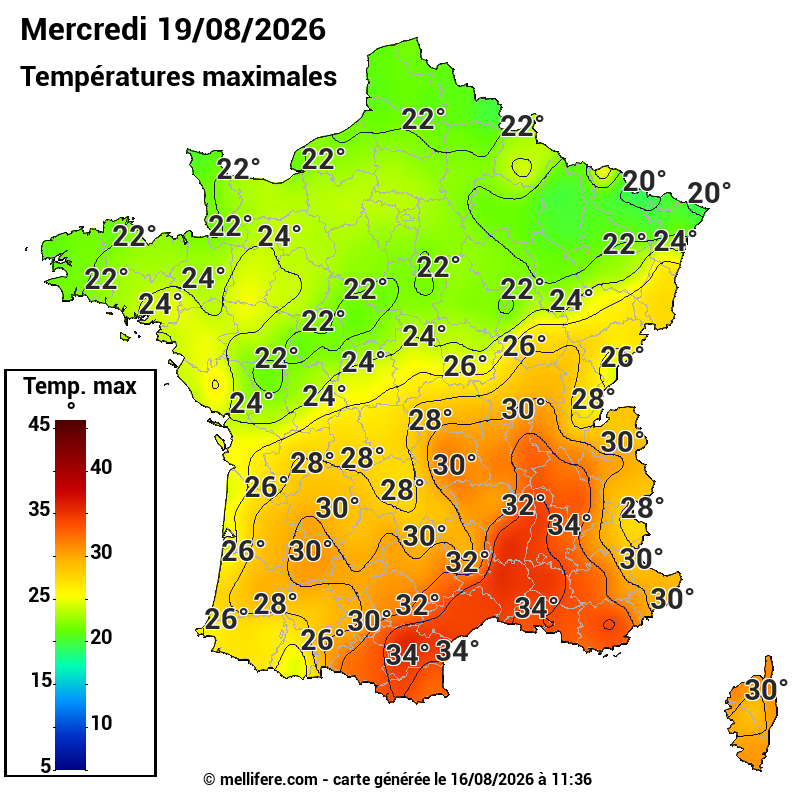 Prévision Températures maxi19/08