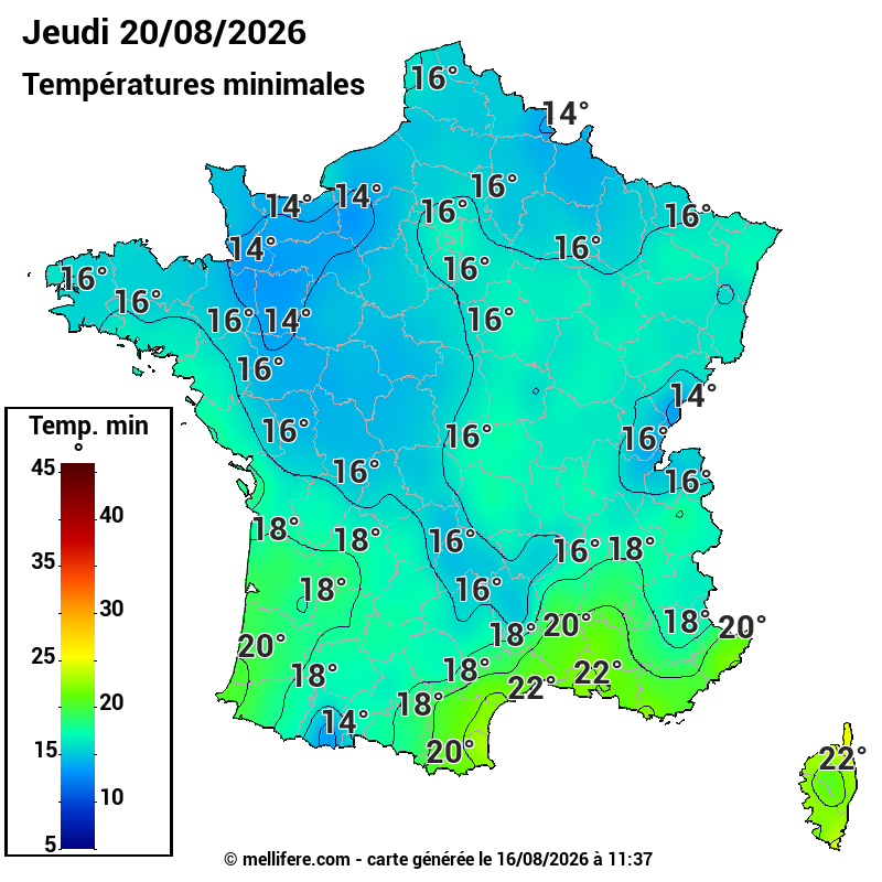 Prévision Températures mini 20/08