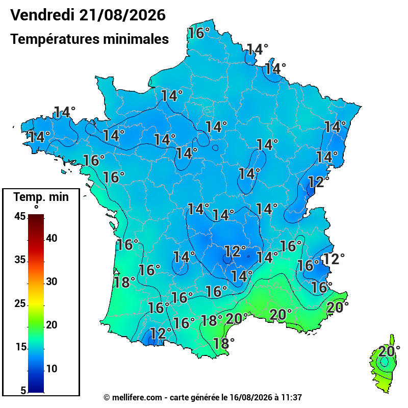 Prévision Températures mini 21/08