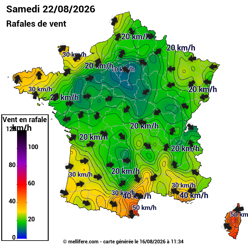 Prévision Vents et rafales 22/08