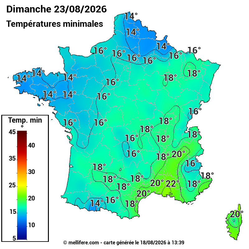 Prévision Températures mini 23/08
