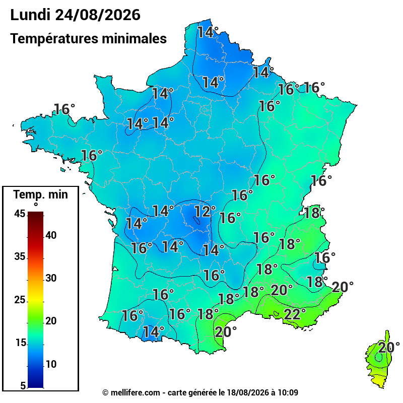 Prévision Températures mini 24/08