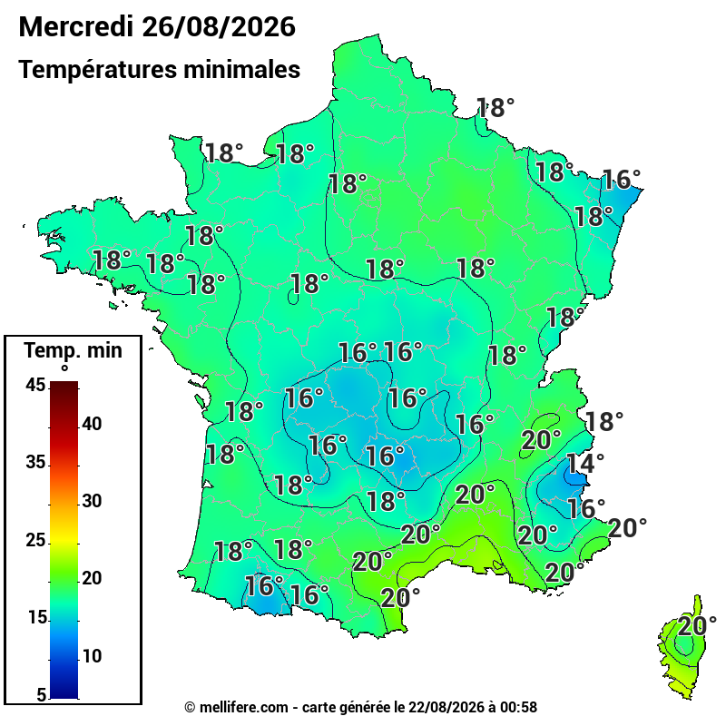 Prévision Températures mini 26/08