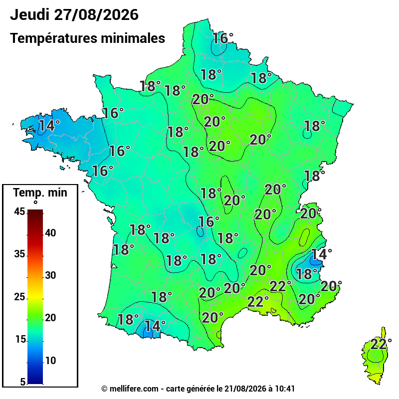 Prévision Températures mini 27/08