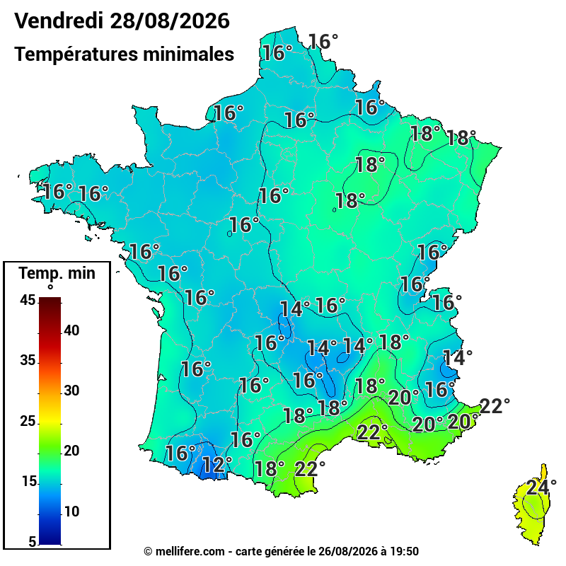 Prévision Températures mini 28/08