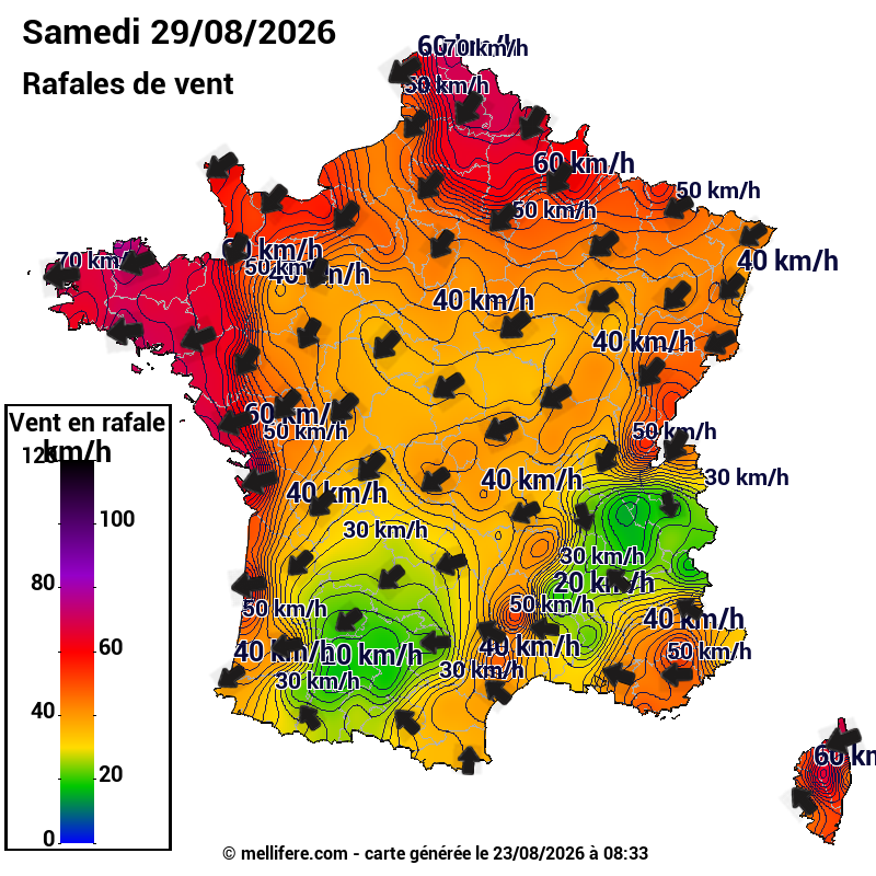 Prévision Vents et rafales 29/08