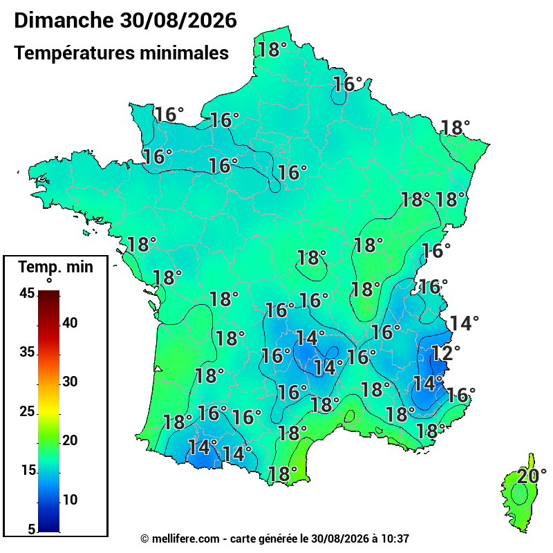 Prévision Températures mini 30/08