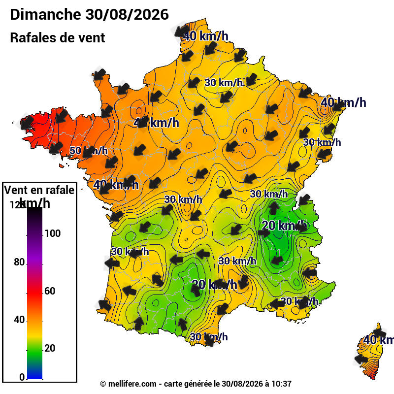 Prévision Vents et rafales 30/08
