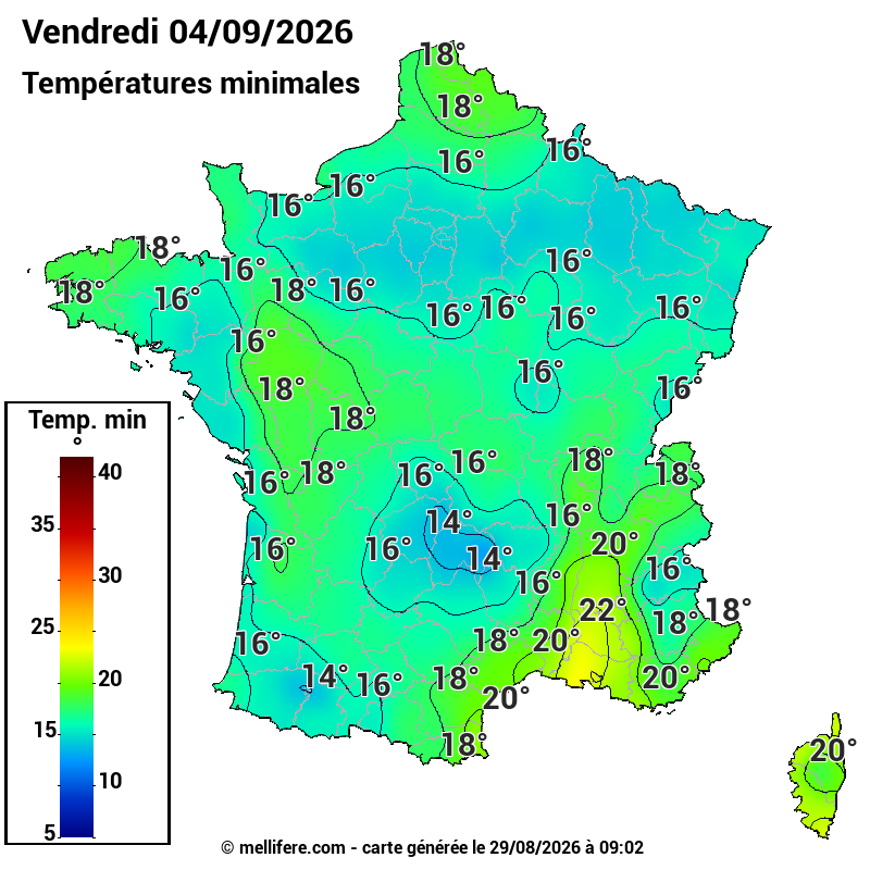 Prévision Températures mini 04/09