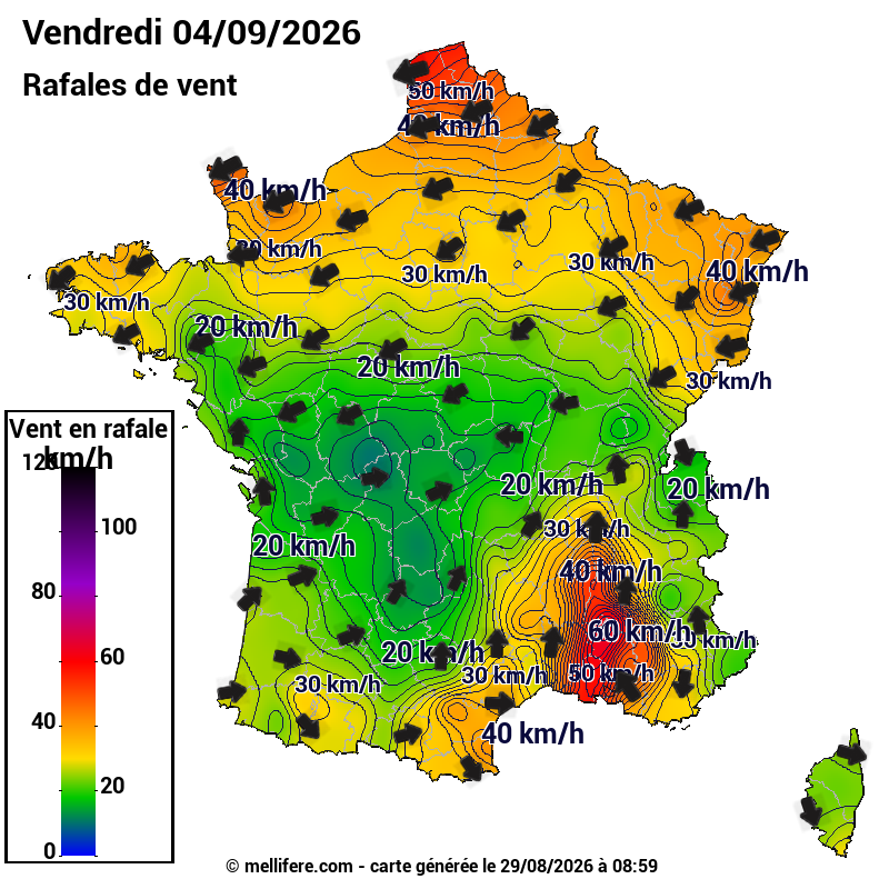 Prévision Vents et rafales 04/09