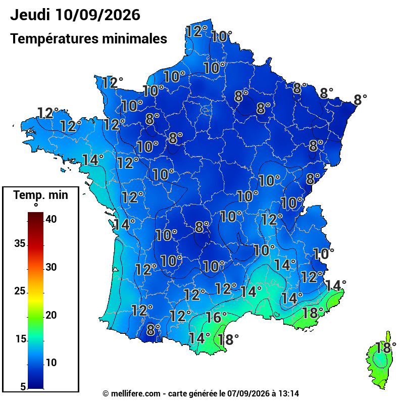 Prévision Températures mini 10/09