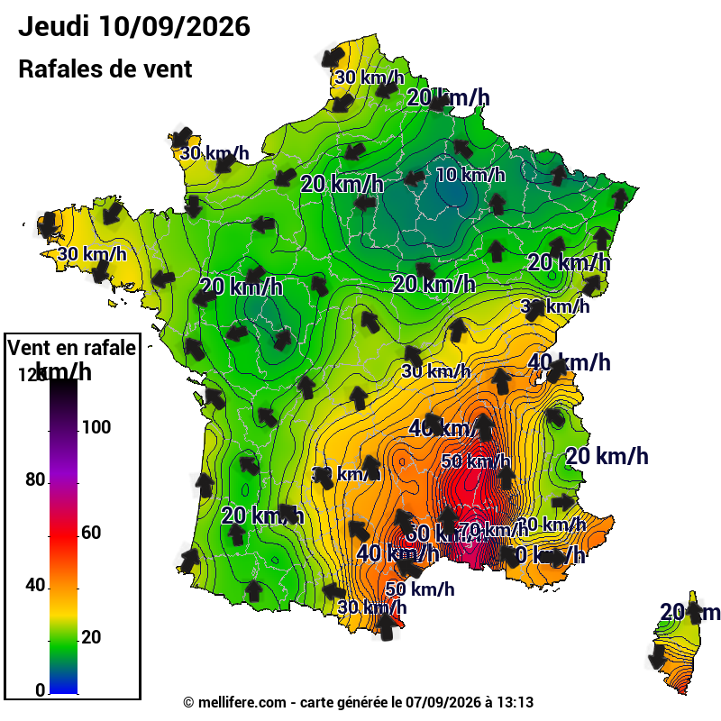 Prévision Vents et rafales 10/09