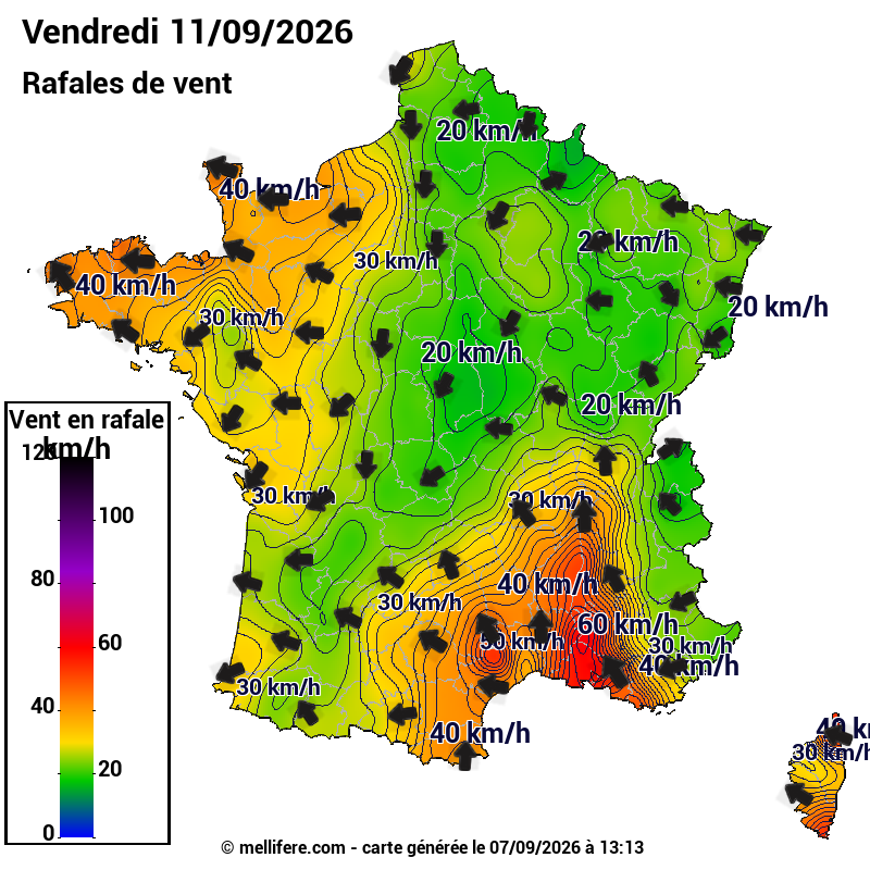 Prévision Vents et rafales 11/09