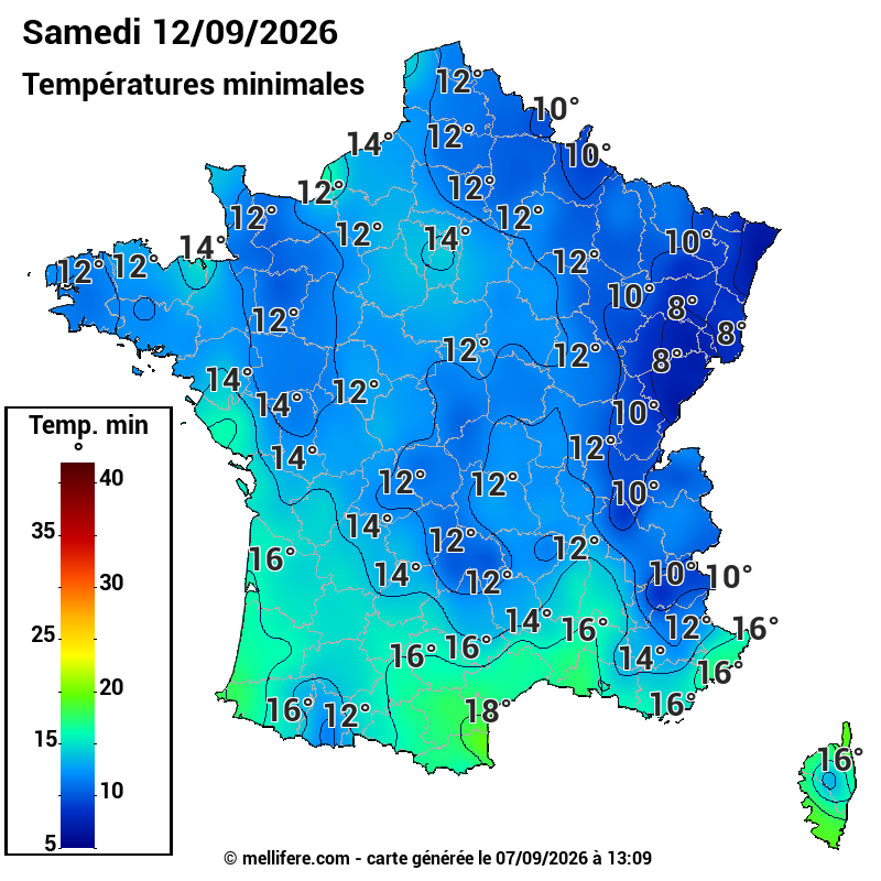 Prévision Températures mini 12/09