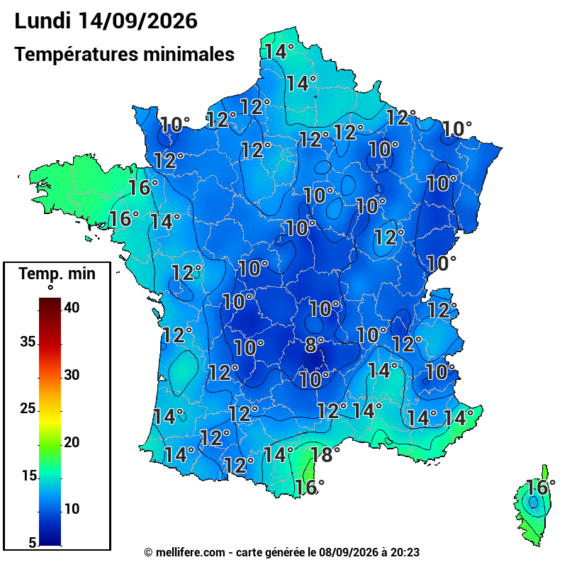 Prévision Températures mini 14/09