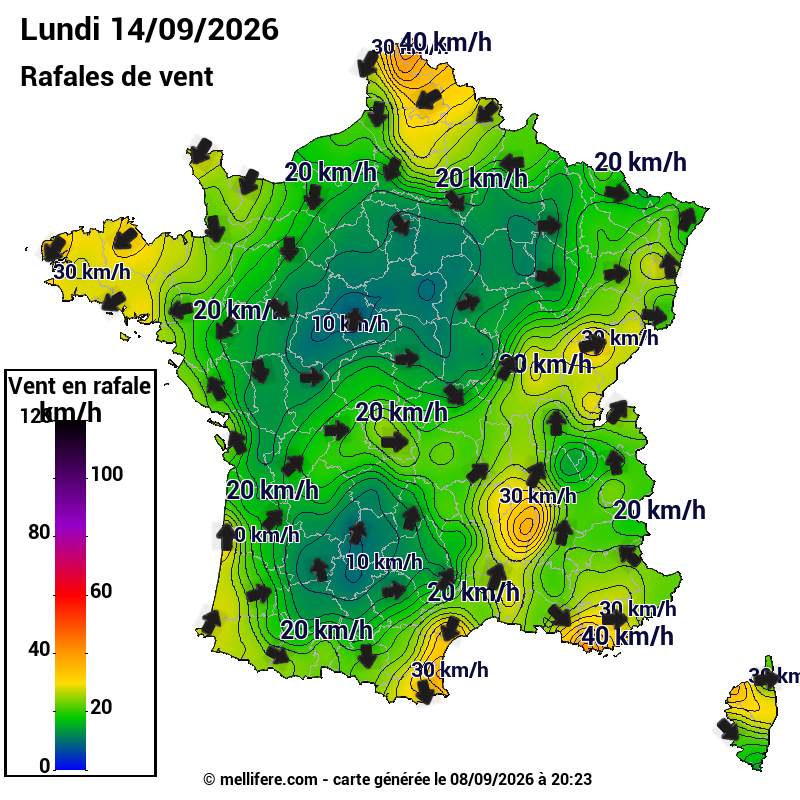 Prévision Vents et rafales 14/09