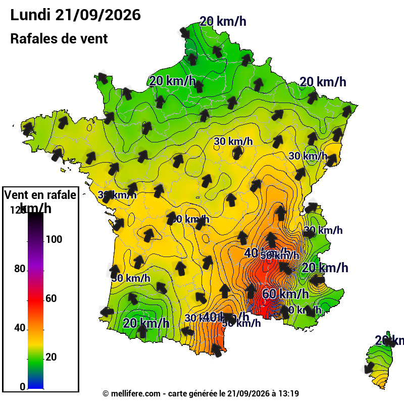 Prévision Vents et rafales 21/09