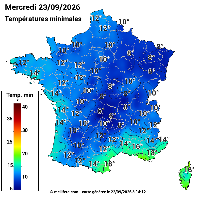 Prévision Températures mini 23/09