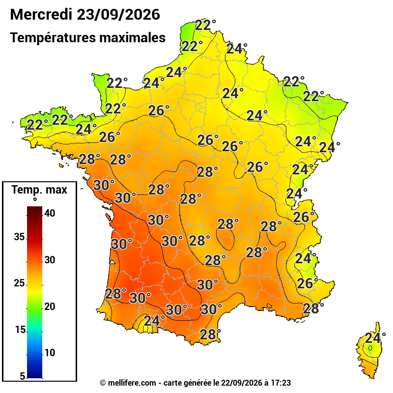 Prévision Températures maxi23/09
