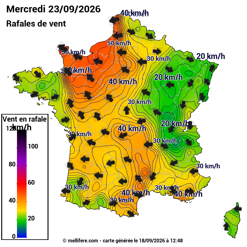 Prévision Vents et rafales 23/09