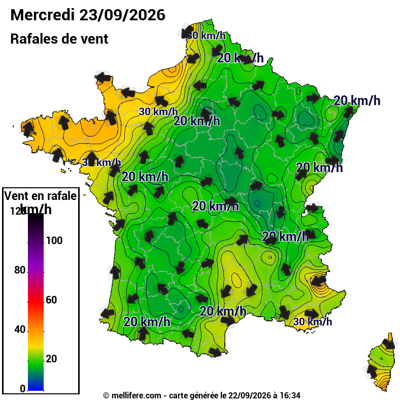Prévision Vents et rafales 23/09