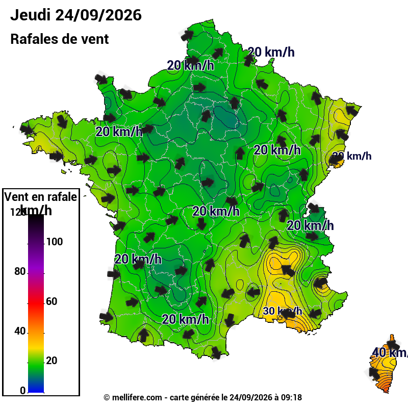 Prévision Vents et rafales 24/09