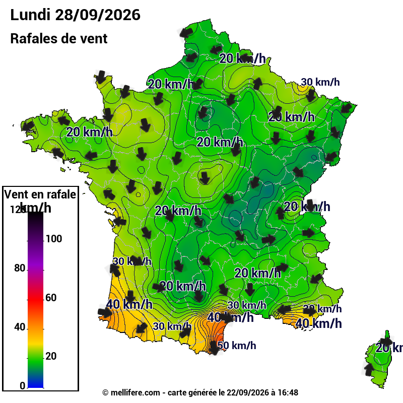 Prévision Vents et rafales 28/09