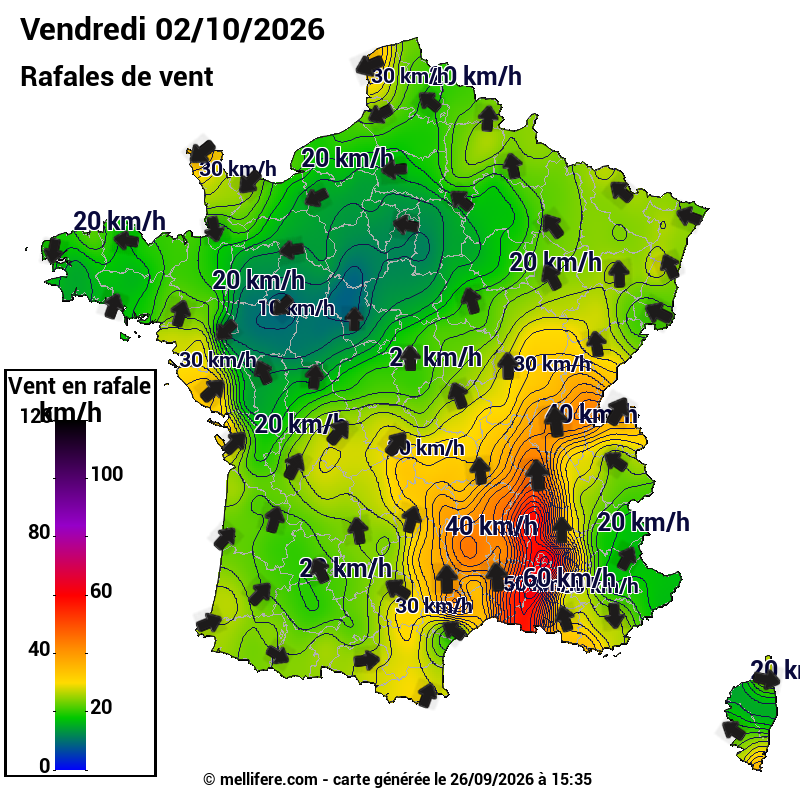 Prévision Vents et rafales 02/10