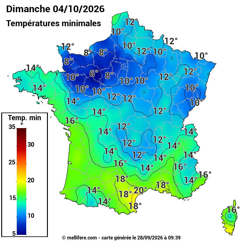 Prévision Températures mini 04/10