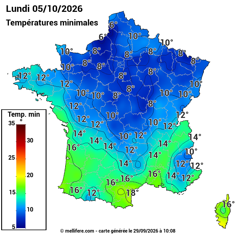Prévision Températures mini 05/10