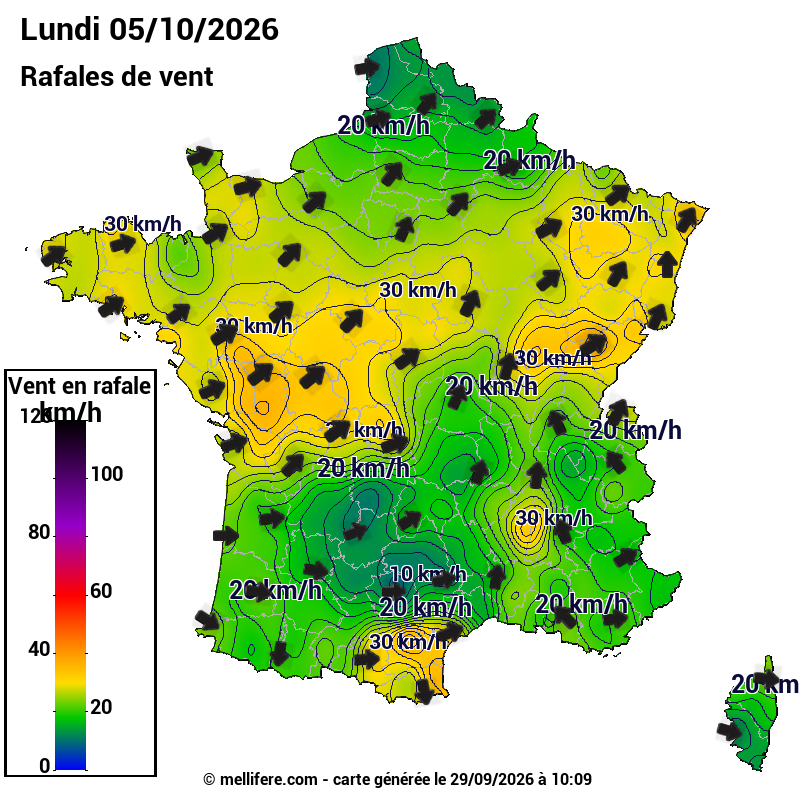 Prévision Vents et rafales 05/10