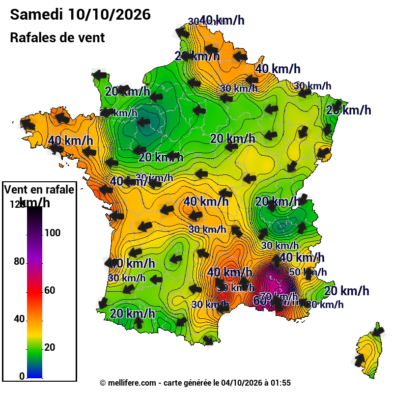 Prévision Vents et rafales 10/10