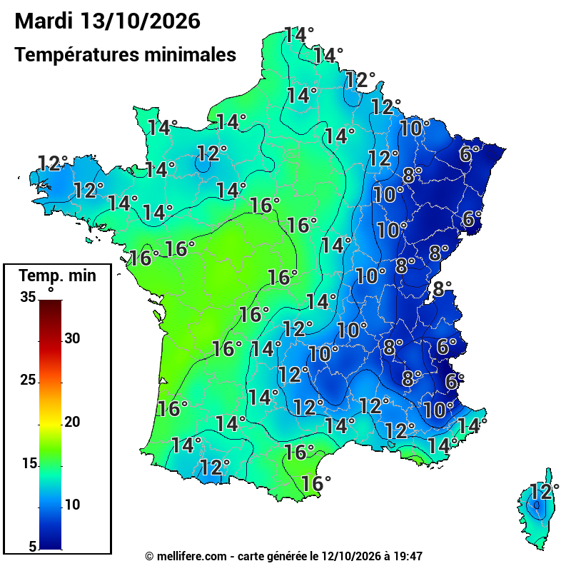 Prévision Températures mini 13/10