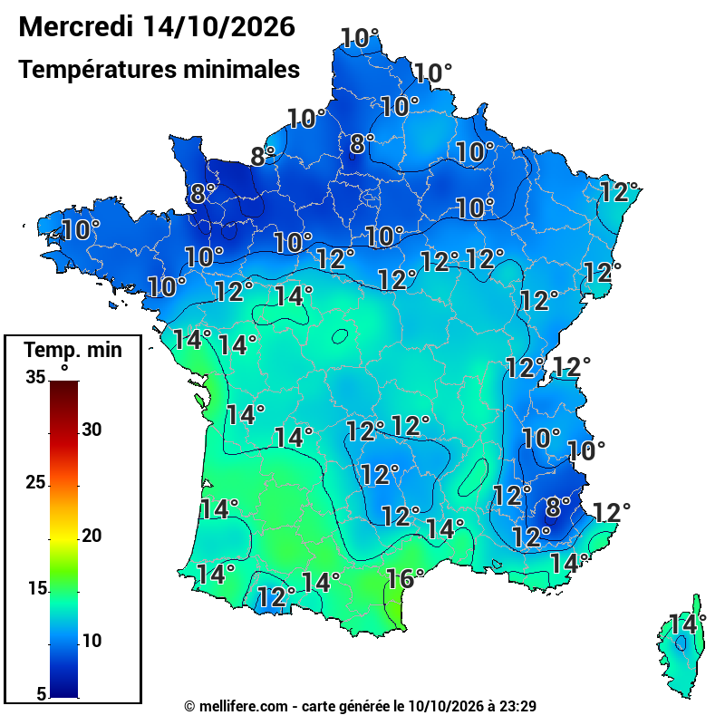 Prévision Températures mini 14/10