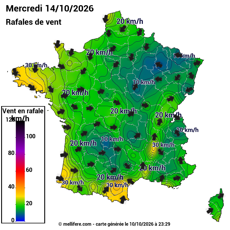 Prévision Vents et rafales 14/10