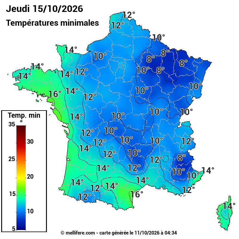 Prévision Températures mini 15/10