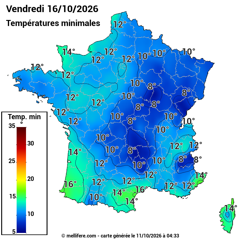 Prévision Températures mini 16/10