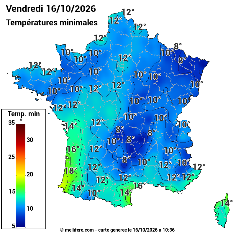 Prévision Températures mini 16/10