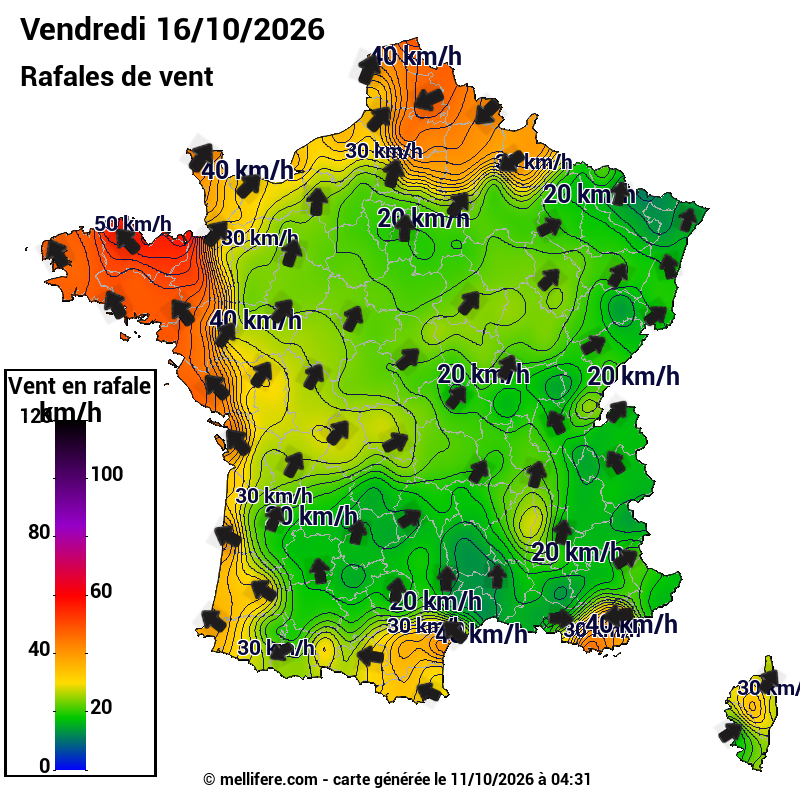 Prévision Vents et rafales 16/10