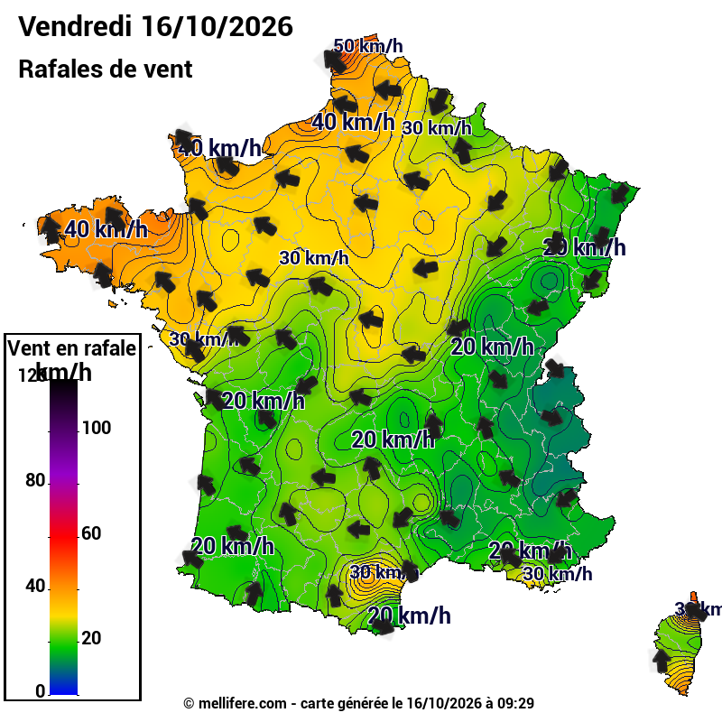 Prévision Vents et rafales 16/10