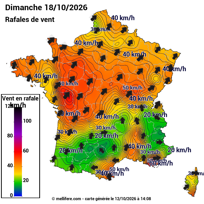 Prévision Vents et rafales 18/10
