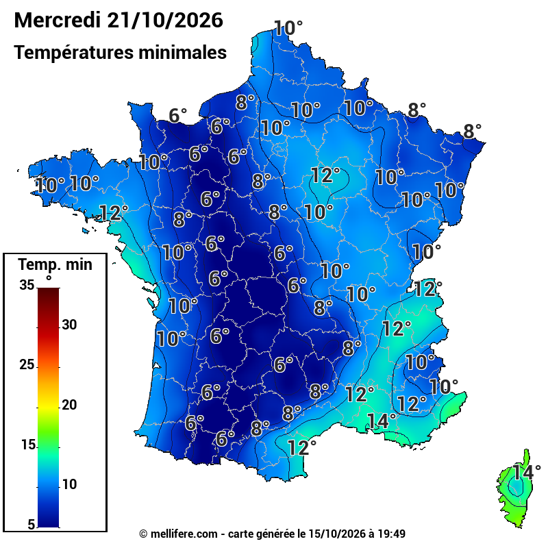 Prévision Températures mini 21/10